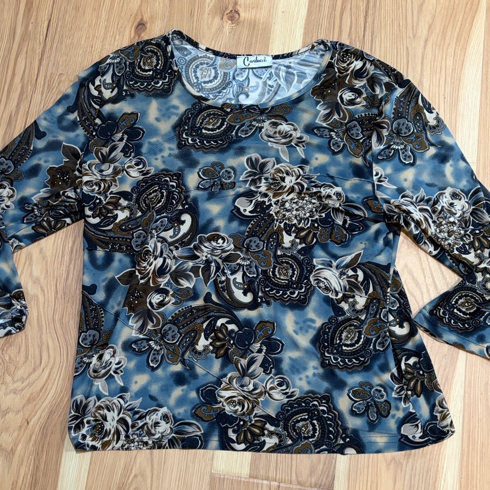 Vintage Carducci Floral Paisley Women's Top - Blue and Black